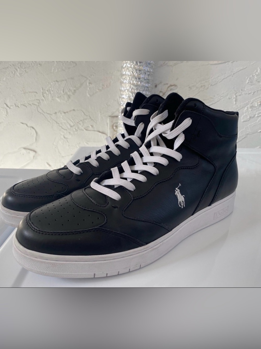 Polo by Ralph Lauren size 14 Black Leather High-Top Sneakers with White Accents
